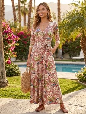 Tropical Oasis Faux Wrap Maxi Dress With Pockets Mauve Dusty Rose Floral Small